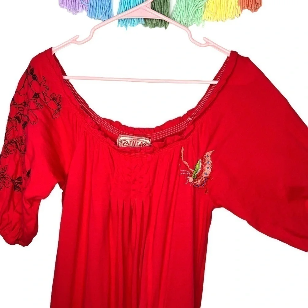 JW Los Angeles Johnny Was Red Multi Floral Butterfly Embroidered Dress Small